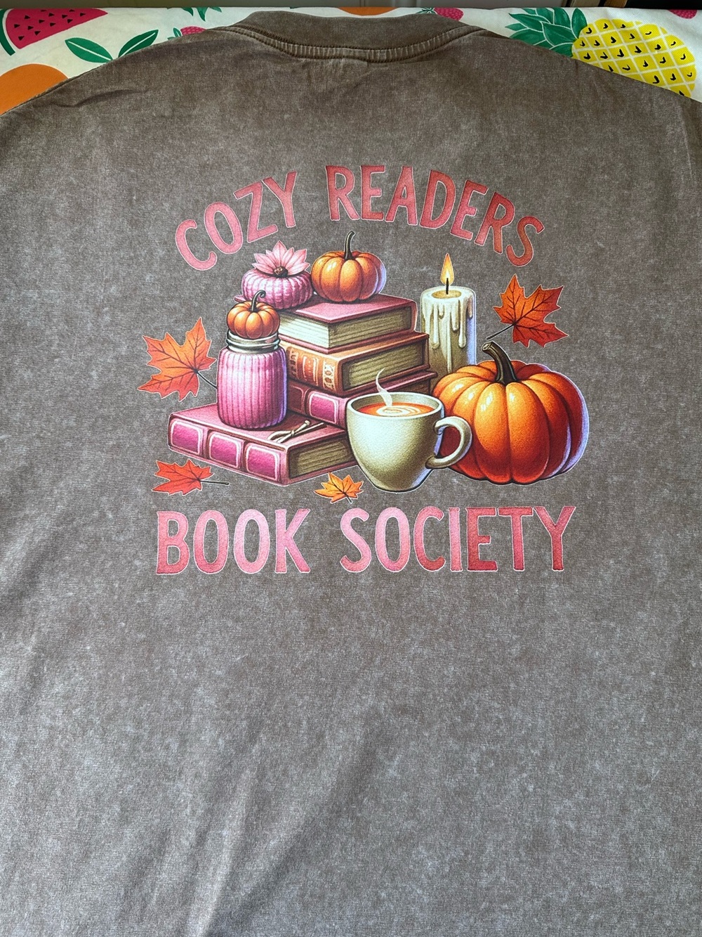 New Cozy Readers Book Society Graphic Tee - Coffee with Pink & Orange Accents
